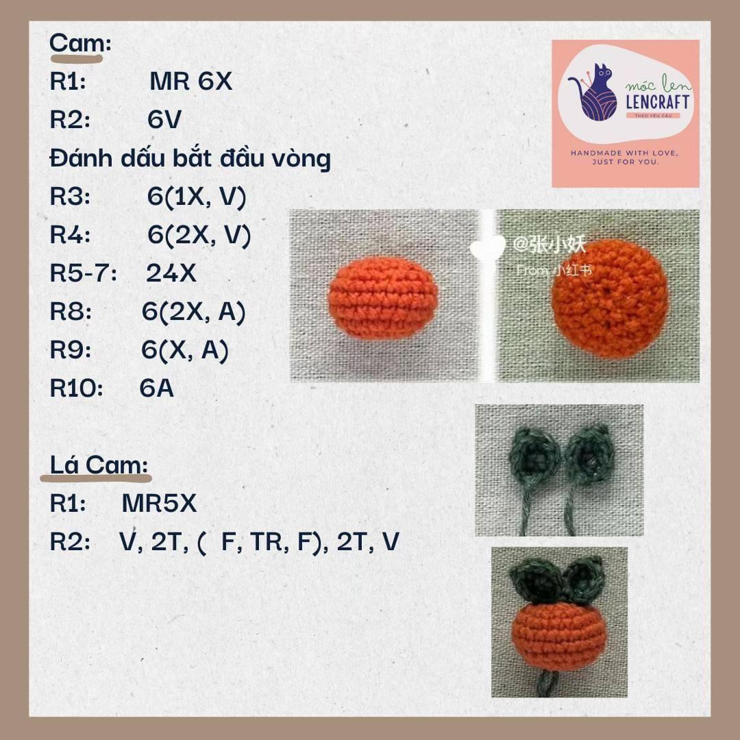 Hướng dẫn móc len búp bê Capybara đội cam: Chart chi tiết từng hàng