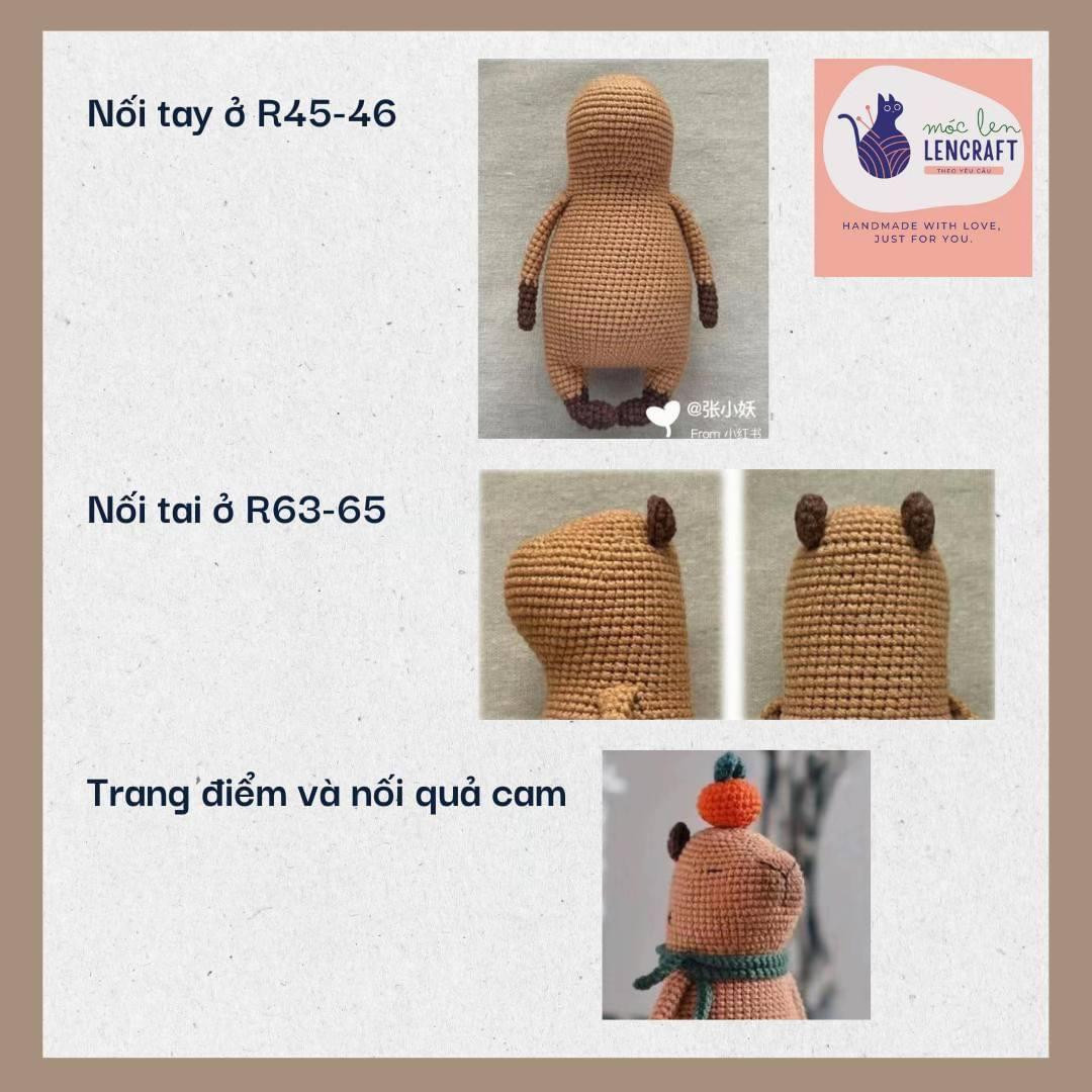 Hướng dẫn móc len búp bê Capybara đội cam: Chart chi tiết từng hàng