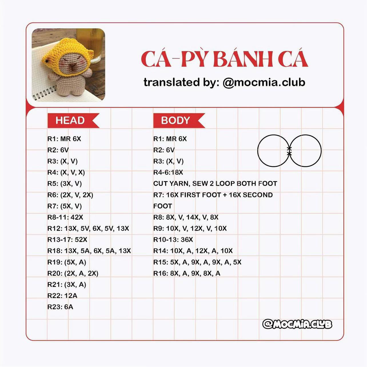 Hướng dẫn móc len búp bê Capybara mặc áo mưa cá vàng - Free Pattern