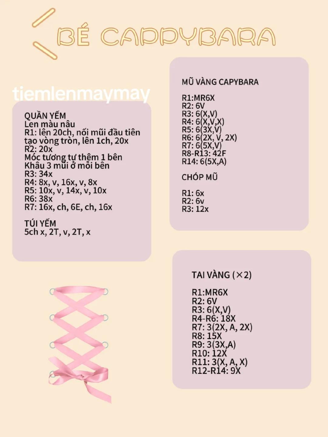 Hướng dẫn móc len búp bê Capybara mặc đồ vàng dễ thương