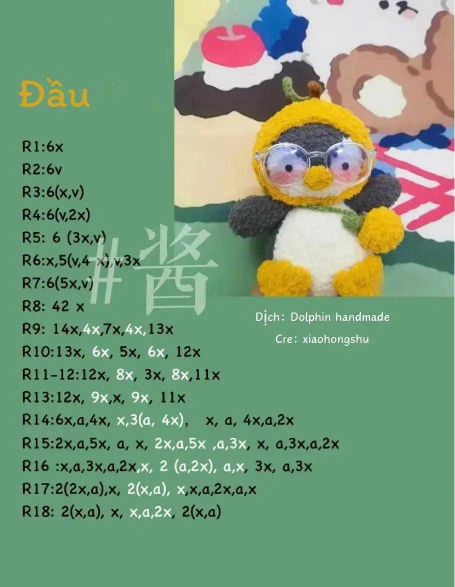 Hướng dẫn móc len búp bê chim cánh cụt đội mũ cam dễ thương, bao gồm chart chi tiết từng phần