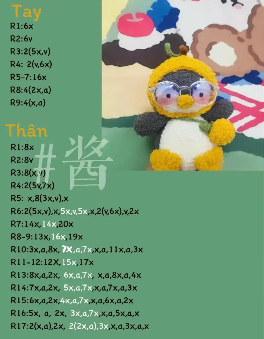 Hướng dẫn móc len búp bê chim cánh cụt đội mũ cam dễ thương, bao gồm chart chi tiết từng phần