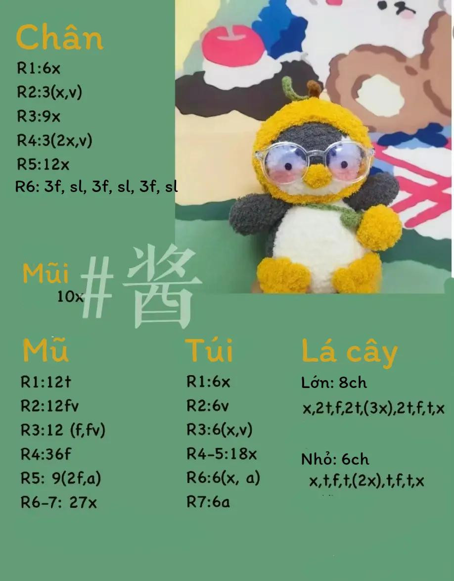 Hướng dẫn móc len búp bê chim cánh cụt đội mũ cam dễ thương, bao gồm chart chi tiết từng phần