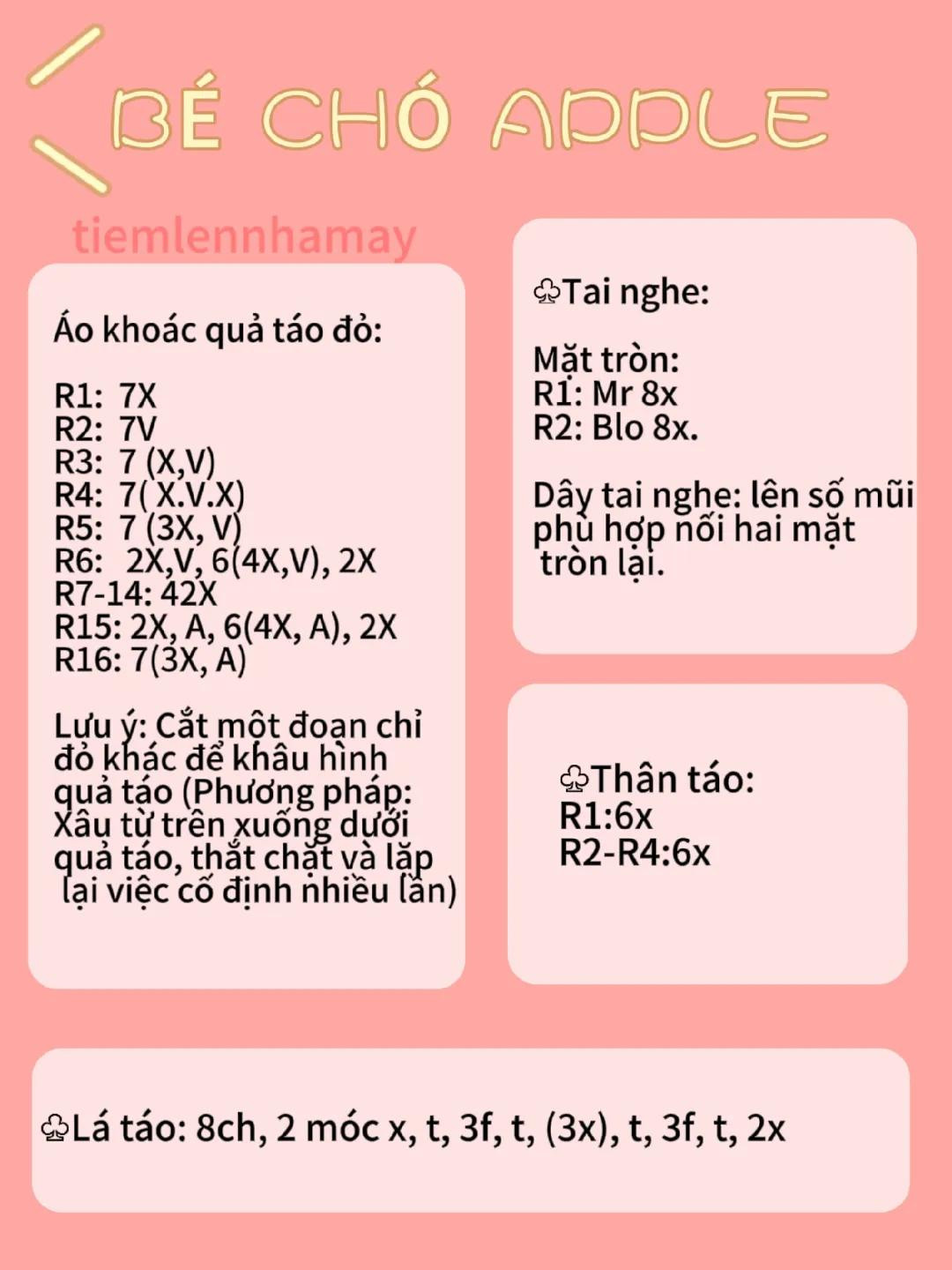 Hướng dẫn móc len búp bê chó mặc áo quả táo đỏ