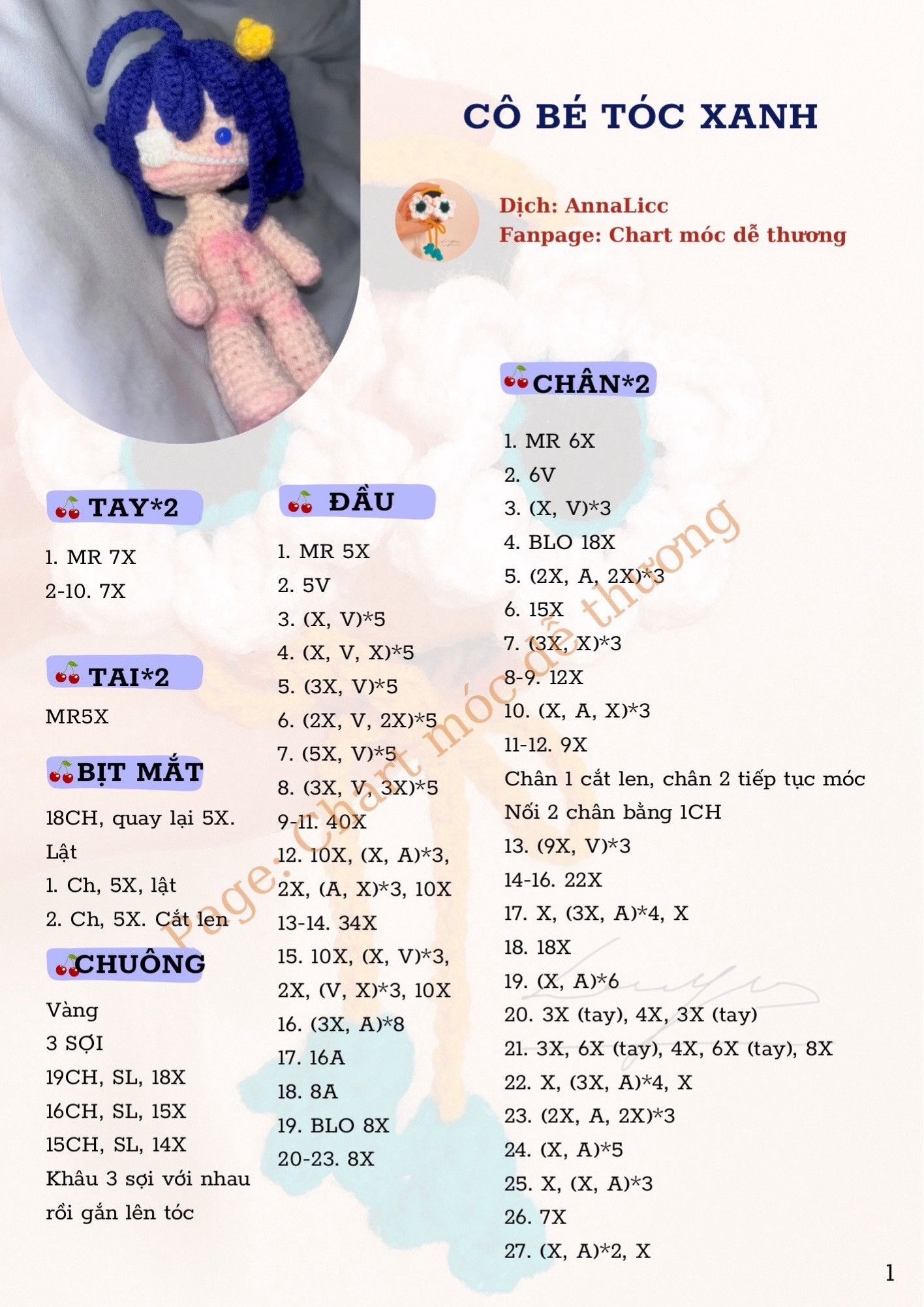 Hướng dẫn móc len búp bê cô bé tóc xanh với mắt băng gạc và váy xếp ly đen trắng