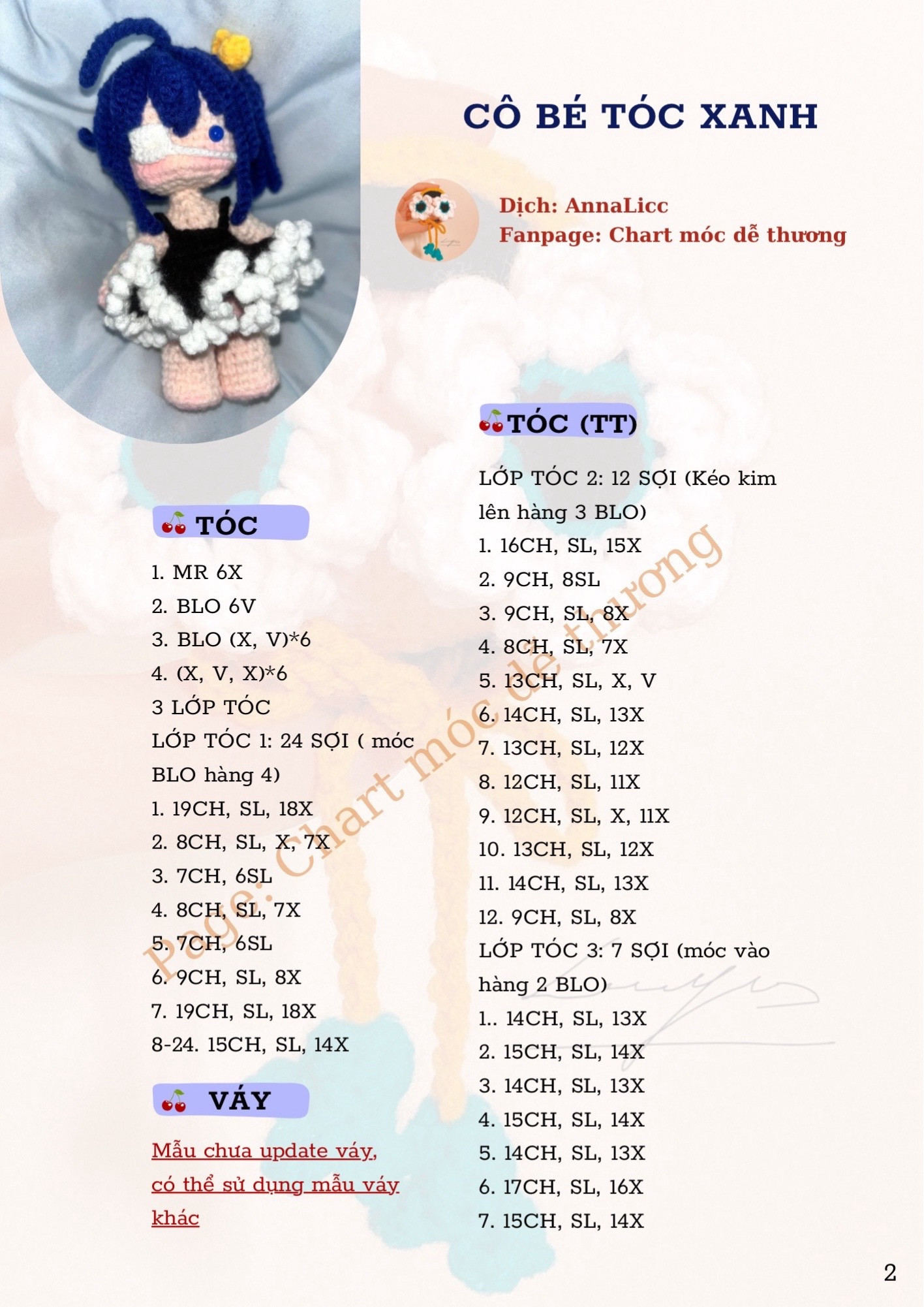 Hướng dẫn móc len búp bê cô bé tóc xanh với mắt băng gạc và váy xếp ly đen trắng