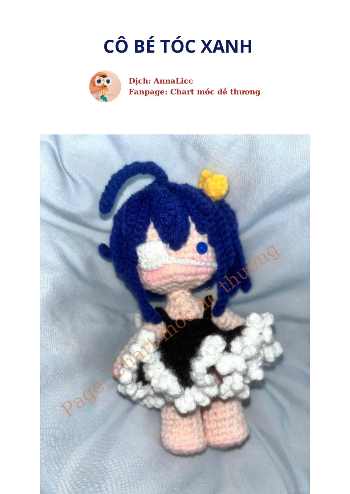 Hướng dẫn móc len búp bê cô bé tóc xanh với mắt băng gạc và váy xếp ly đen trắng