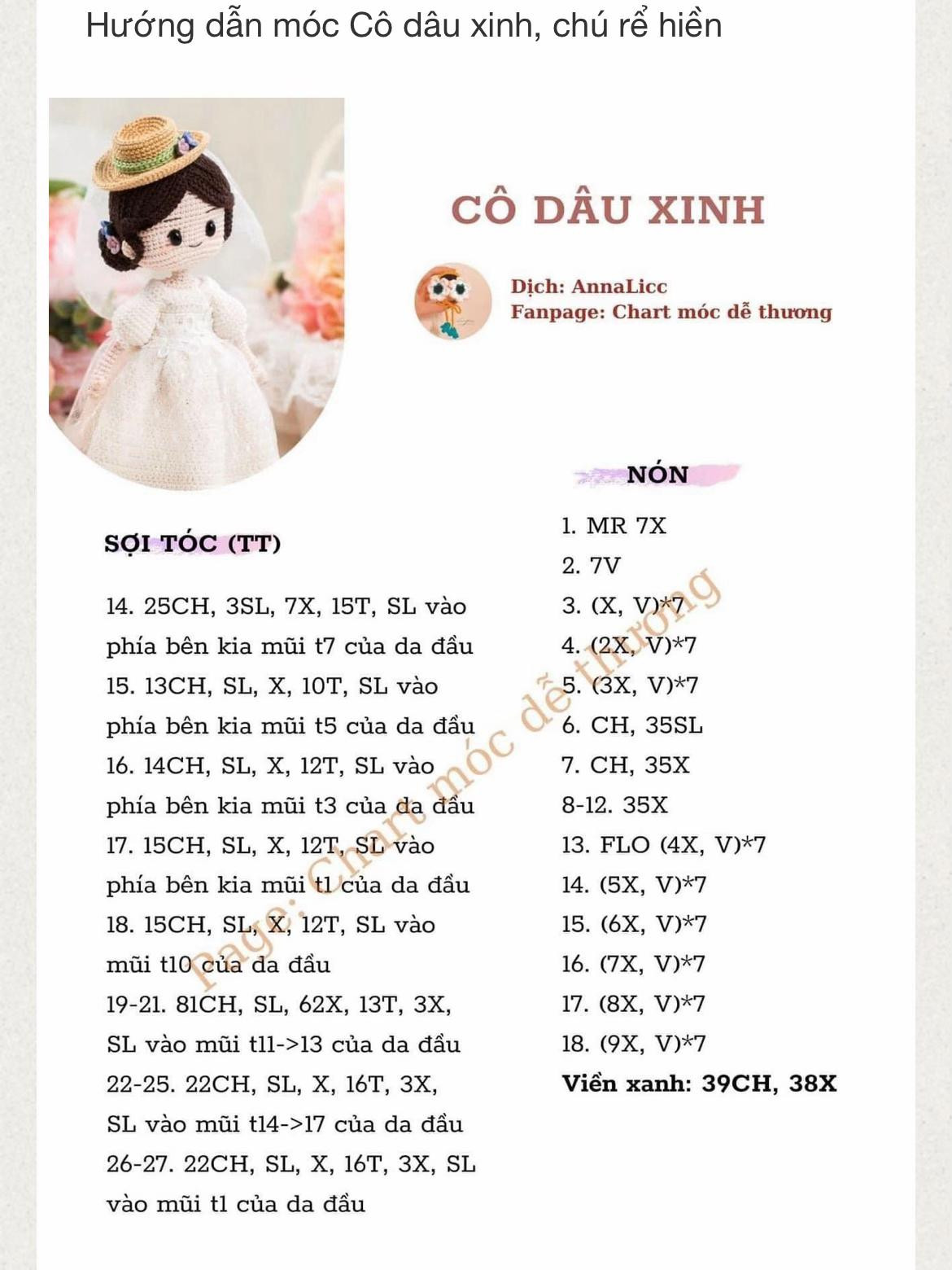 Hướng dẫn móc len búp bê Cô dâu xinh - Chart chi tiết váy, tay, tóc và nón