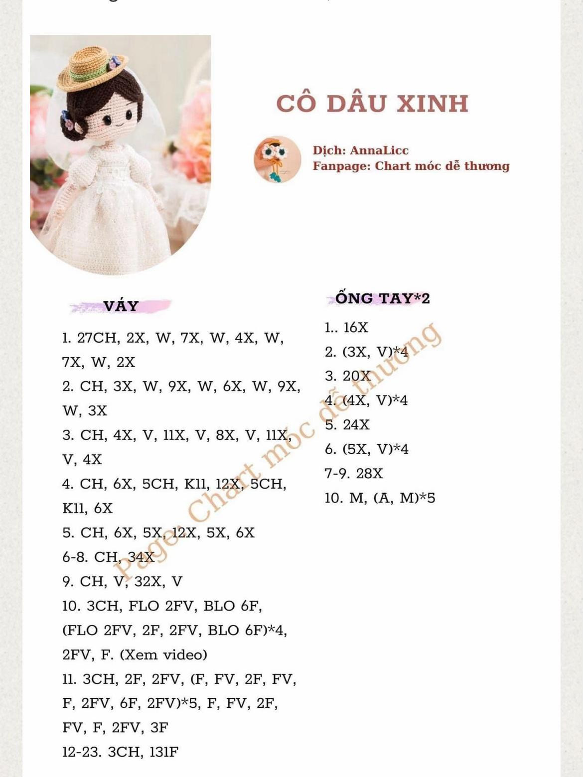 Hướng dẫn móc len búp bê Cô dâu xinh - Chart chi tiết váy, tay, tóc và nón