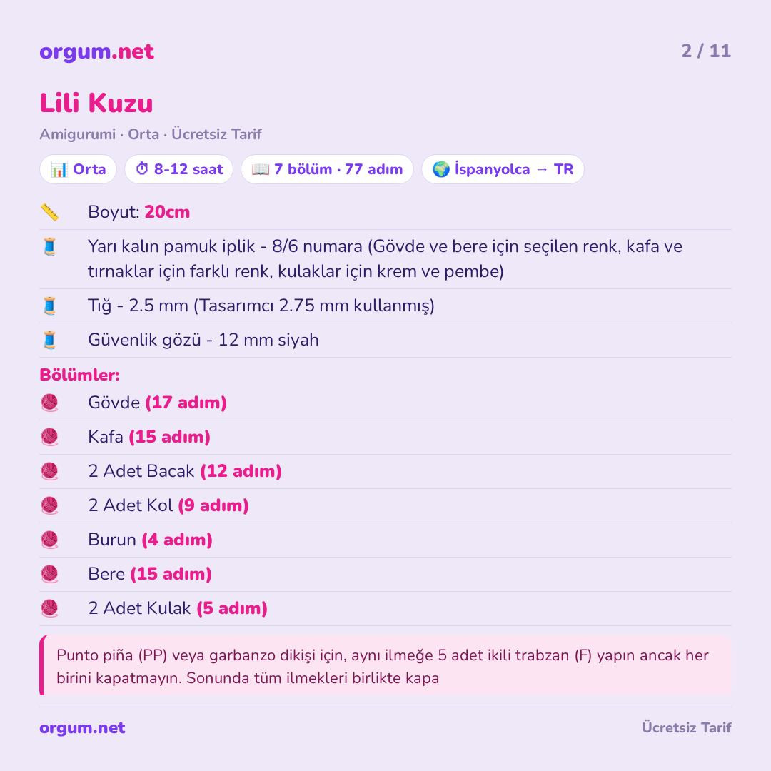 Hướng dẫn móc len búp bê cừu Lili Kuzu màu hồng và kem, kích thước 20cm