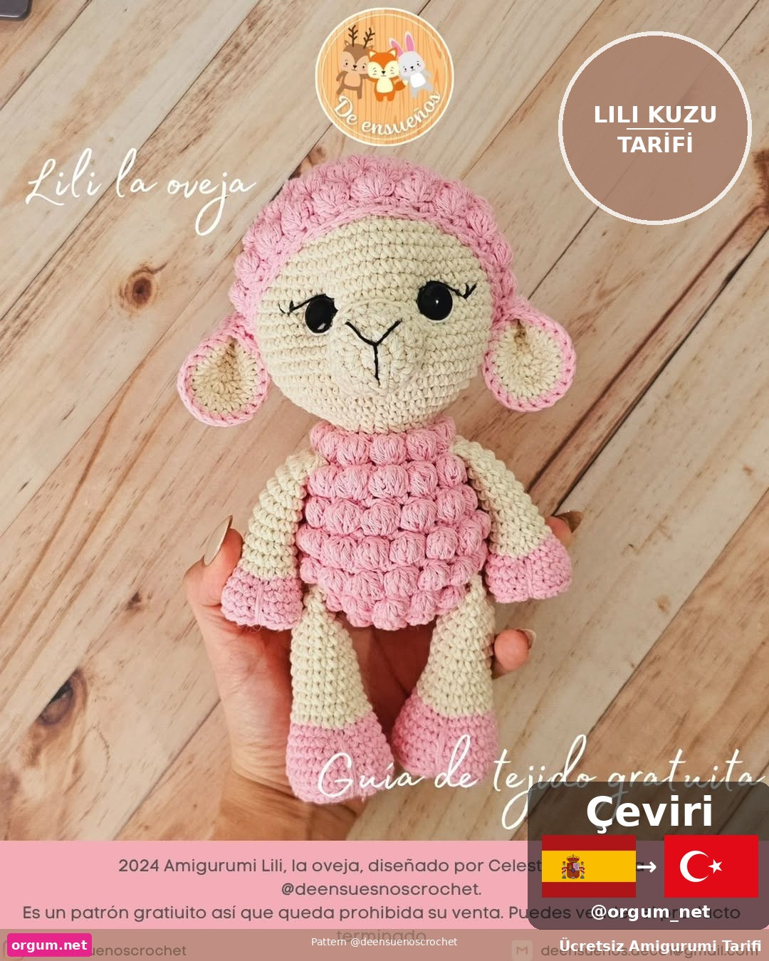 Hướng dẫn móc len búp bê cừu Lili Kuzu màu hồng và kem, kích thước 20cm