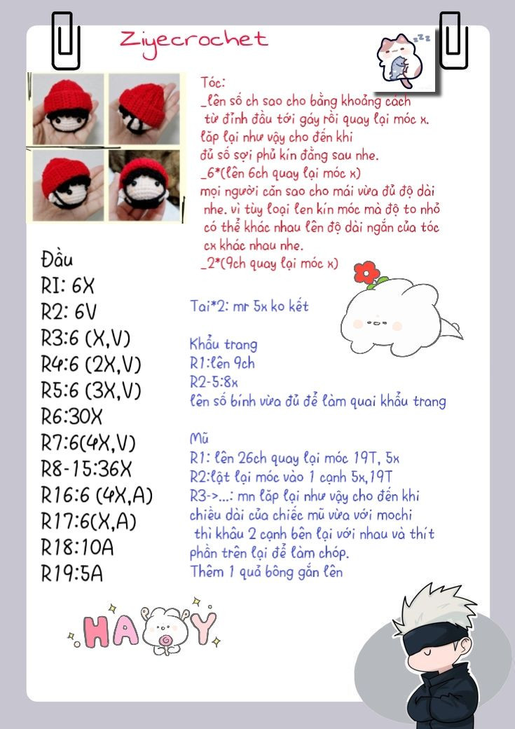 Hướng dẫn móc len búp bê đầu Toji Fushiguro đội mũ đỏ