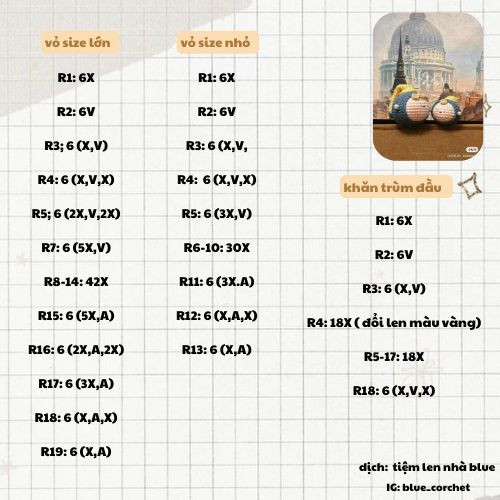 Hướng dẫn móc len búp bê đầu tròn màu xanh vàng theo chart chi tiết