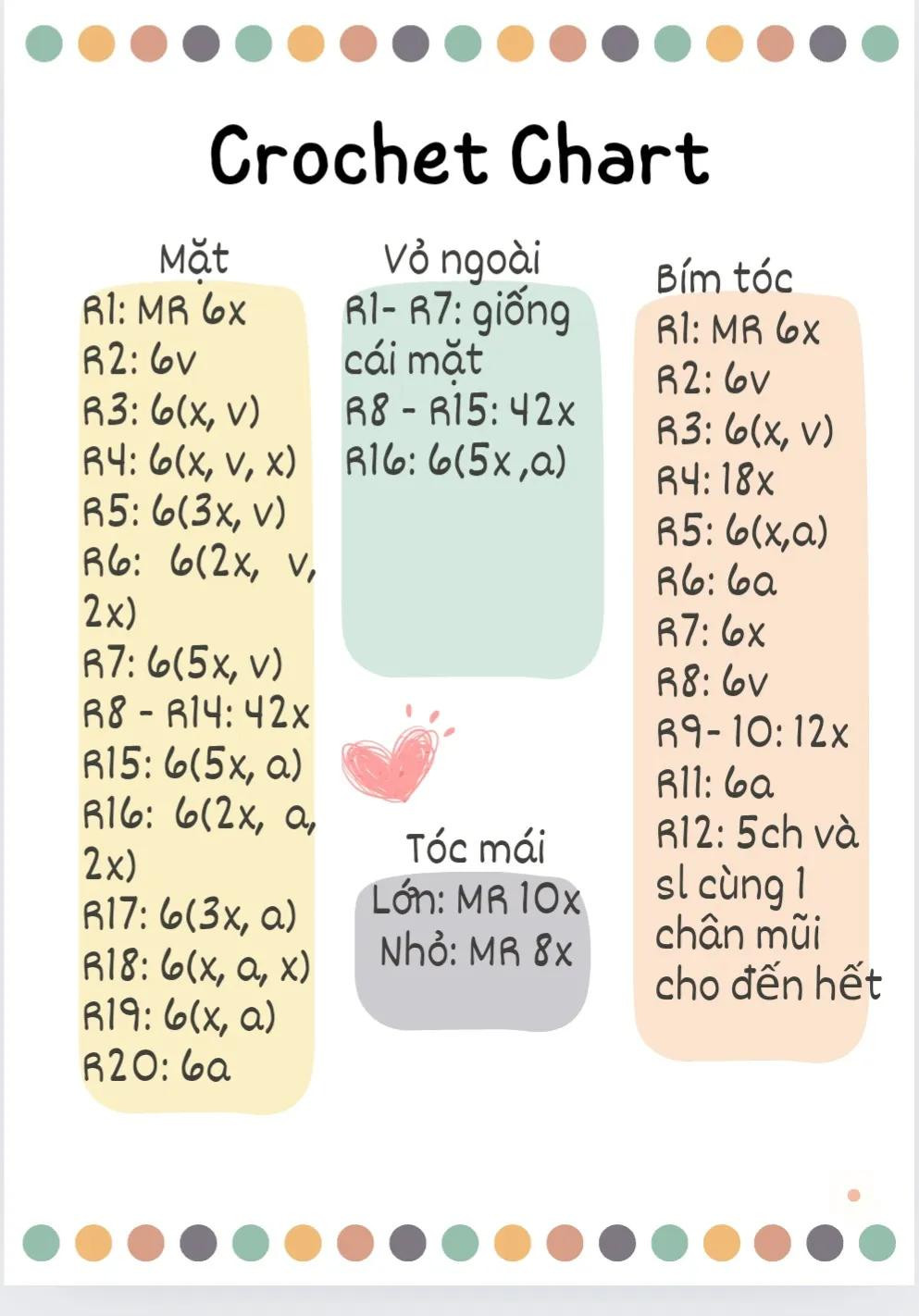 Hướng dẫn móc len búp bê đầu tròn tóc xanh hồng