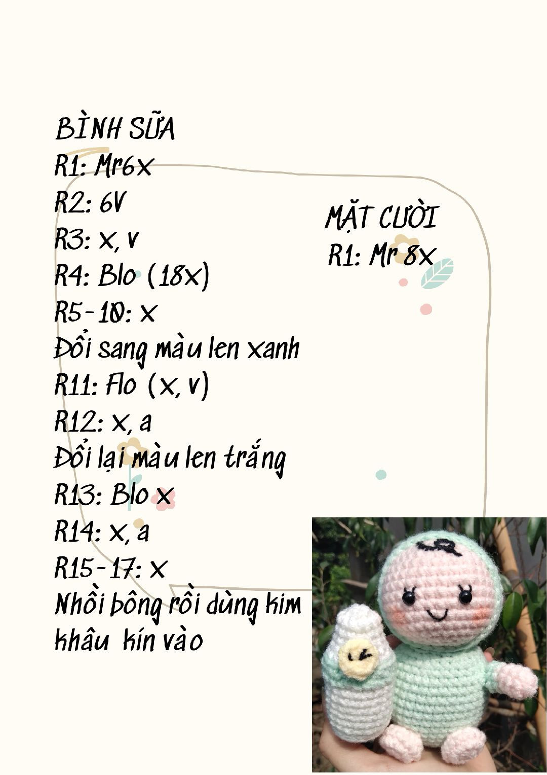 Hướng dẫn móc len búp bê em bé xanh và bình sữa