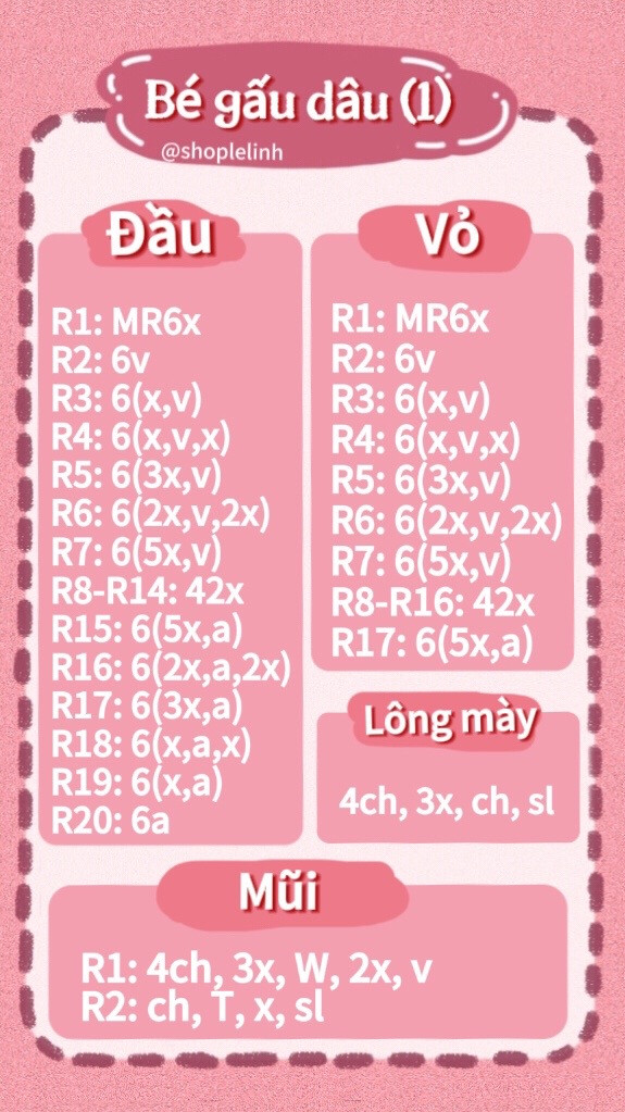 Hướng dẫn móc len Búp bê gấu dâu (Strawberry Bear) chi tiết từng phần