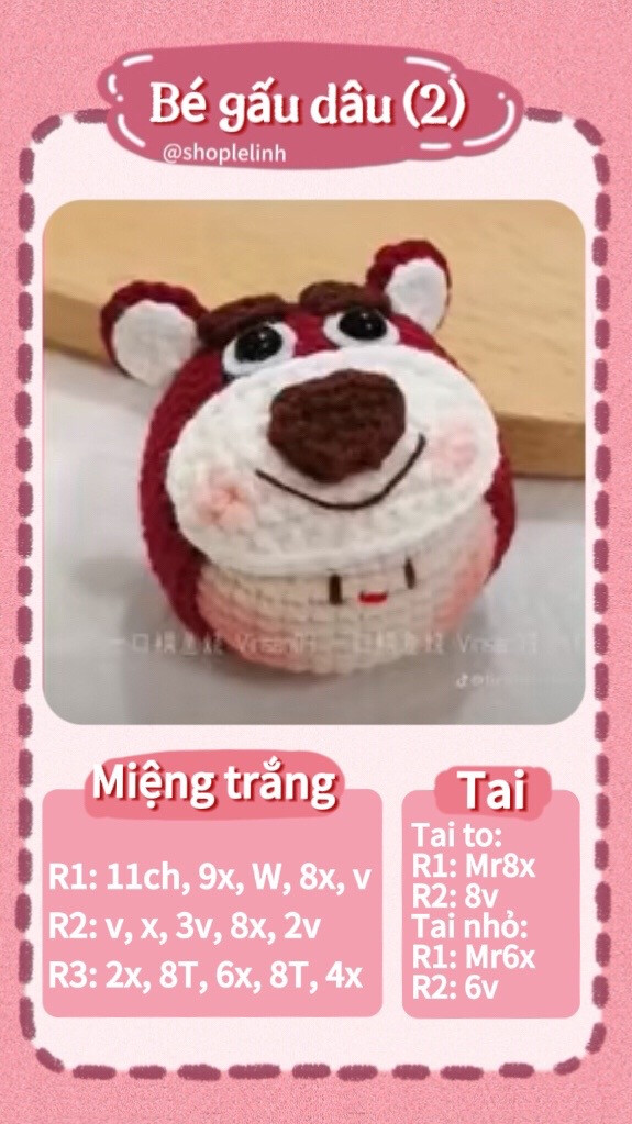 Hướng dẫn móc len Búp bê gấu dâu (Strawberry Bear) chi tiết từng phần