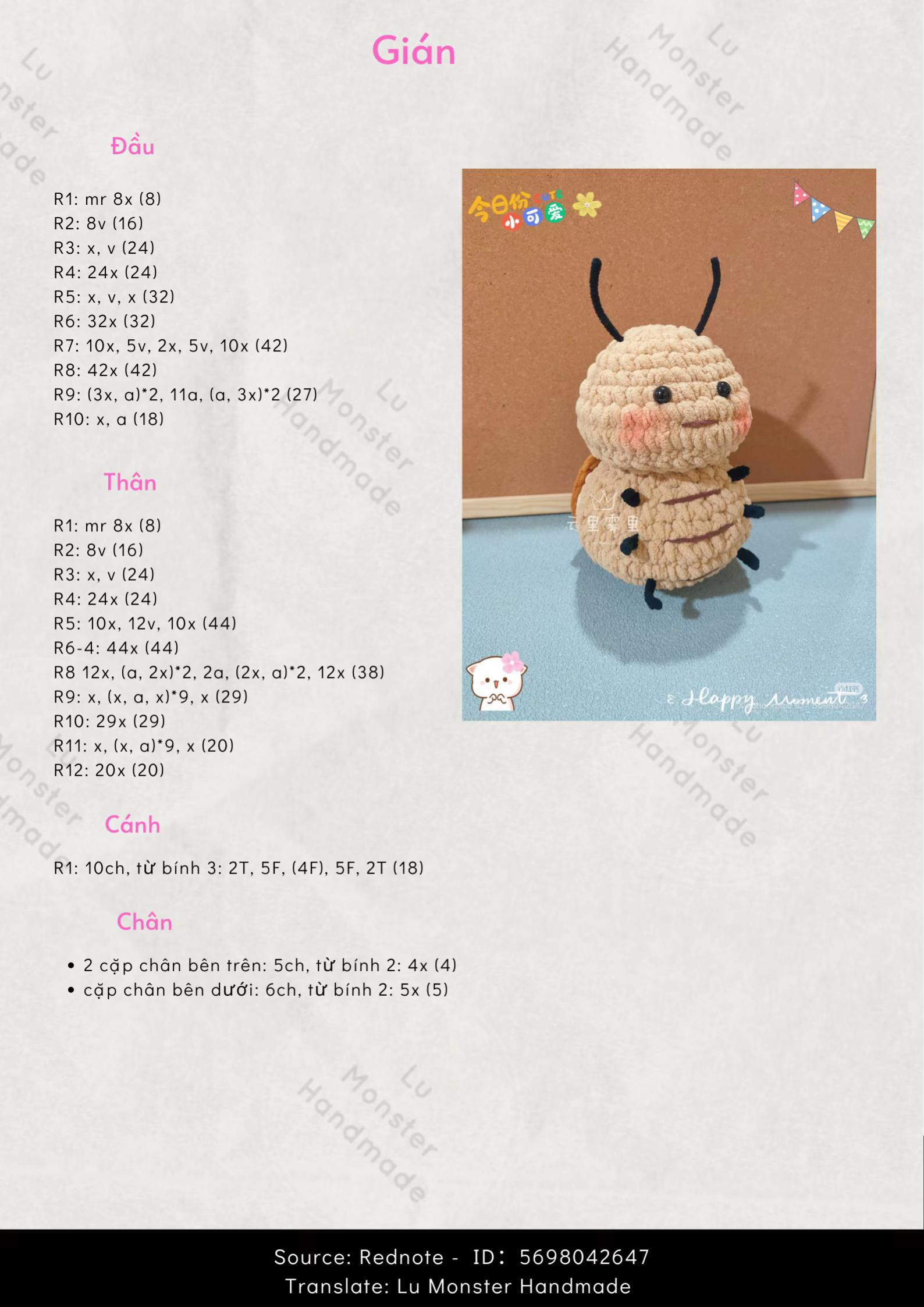 Hướng dẫn móc len búp bê gián màu be dễ thương