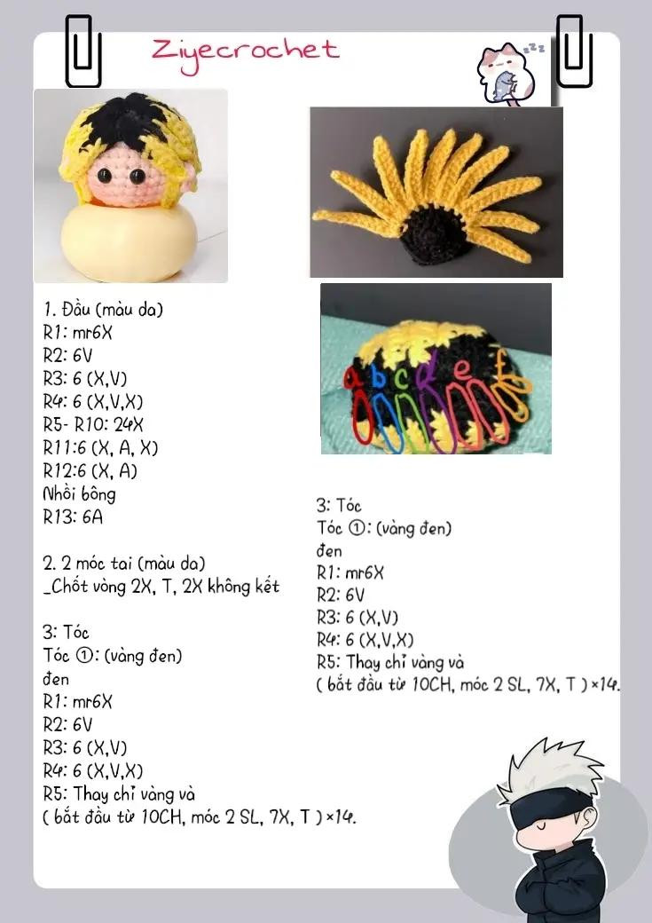 Hướng dẫn móc len búp bê Gojo Satoru tóc vàng đen