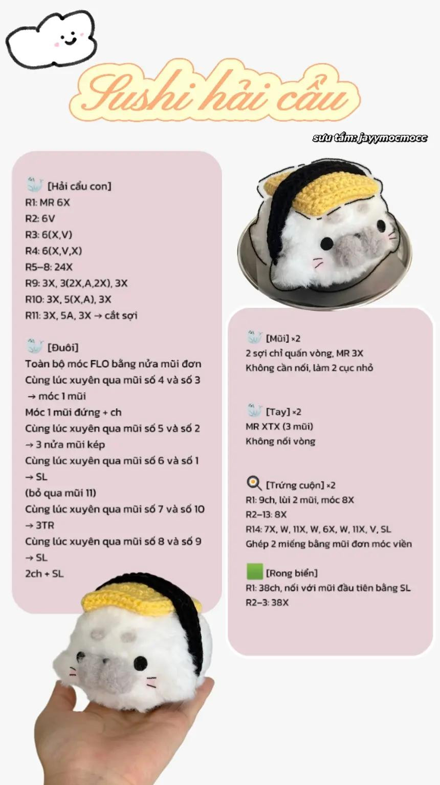 Hướng dẫn móc len búp bê hải cầu sushi dễ thương