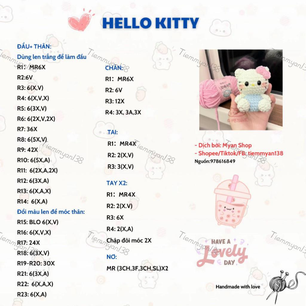 Hướng dẫn móc len búp bê Hello Kitty trắng xanh hồng bằng len nhung