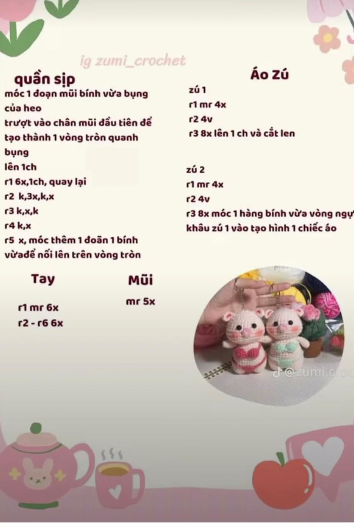 Hướng dẫn móc len búp bê heo dễ thương, chart chi tiết từng phần