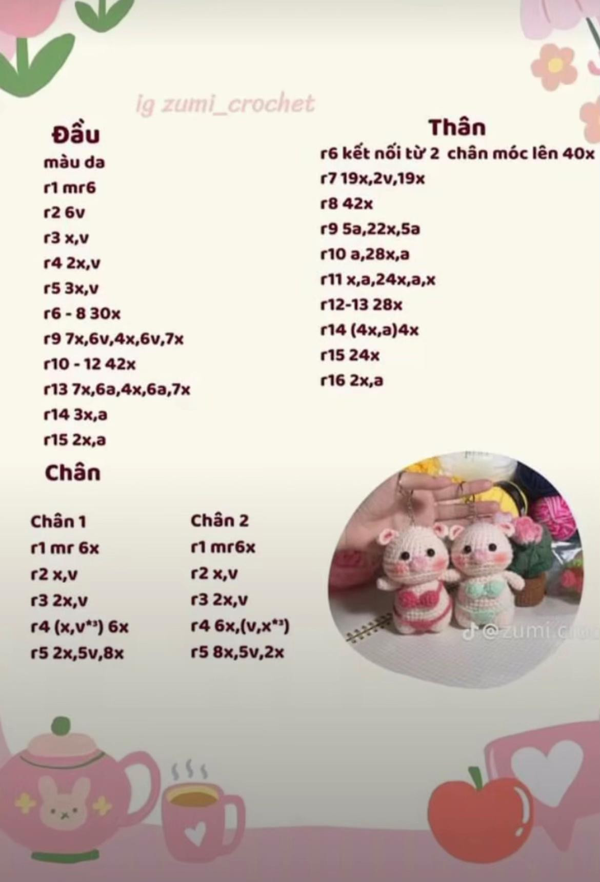 Hướng dẫn móc len búp bê heo dễ thương, chart chi tiết từng phần