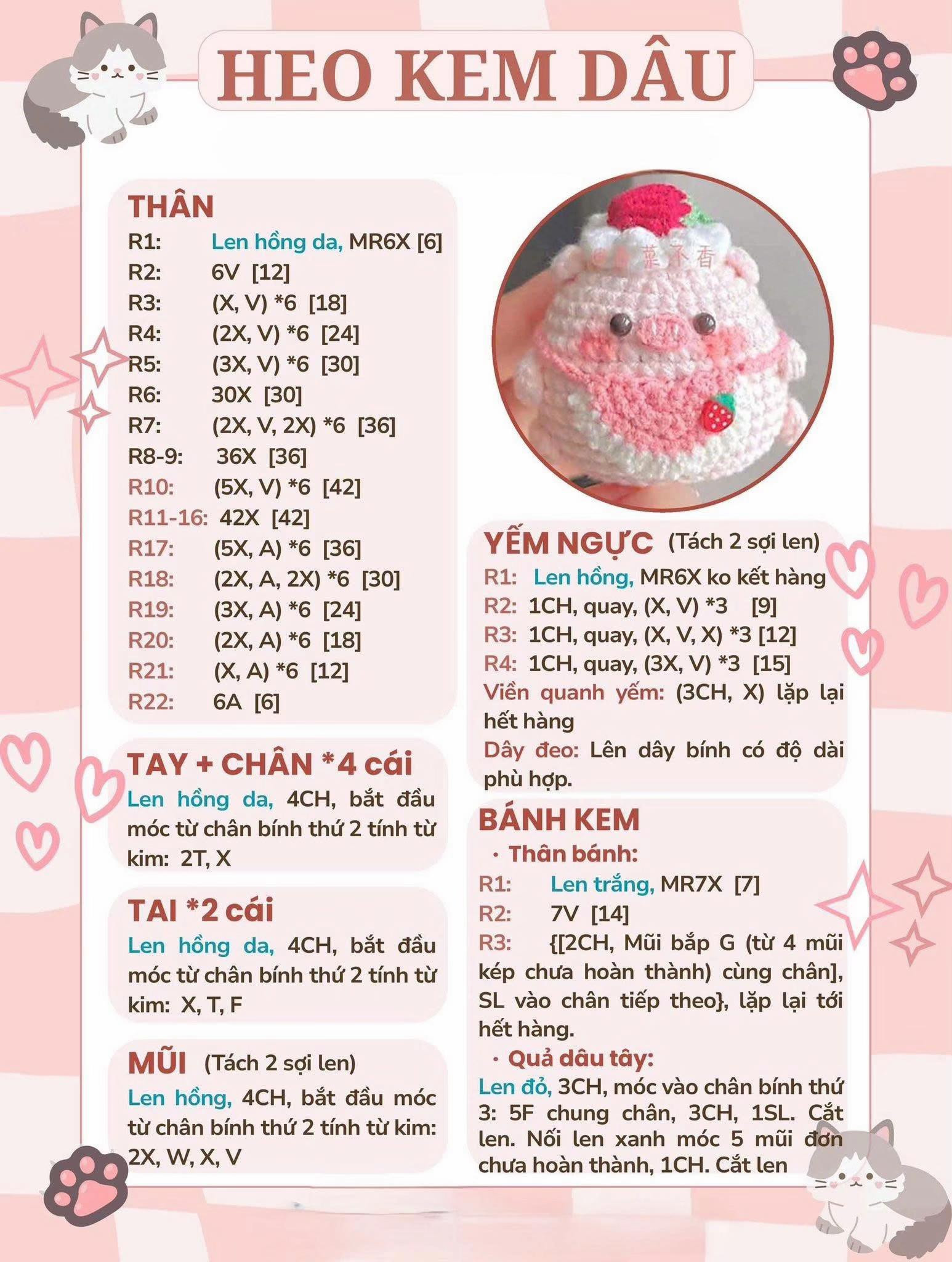 Hướng dẫn móc len búp bê heo kem dâu dễ thương