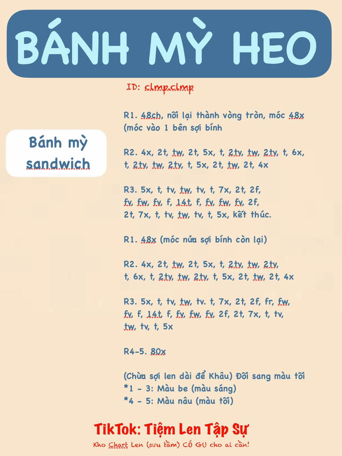 Hướng dẫn móc len búp bê heo mặc mũ bánh mì sandwich màu hồng dễ thương