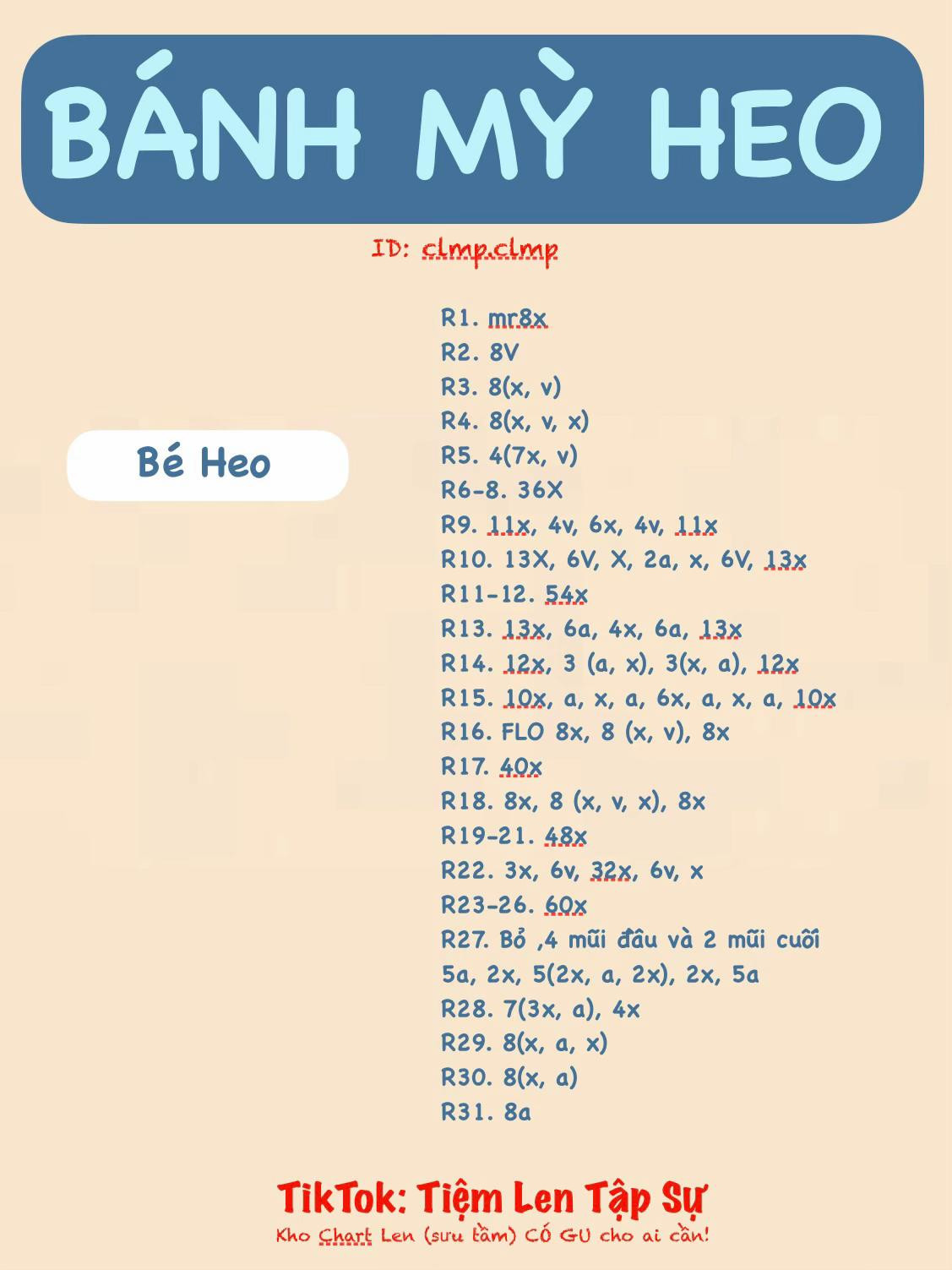 Hướng dẫn móc len búp bê heo mặc mũ bánh mì sandwich màu hồng dễ thương