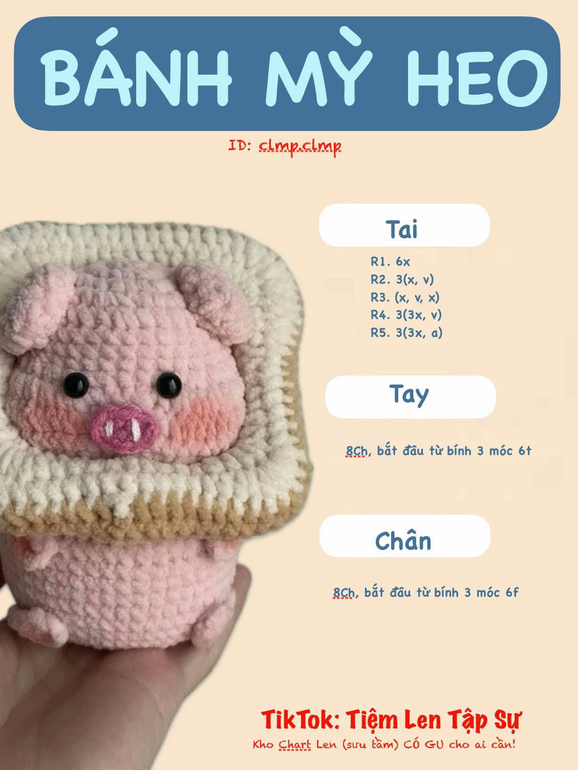 Hướng dẫn móc len búp bê heo mặc mũ bánh mì sandwich màu hồng dễ thương