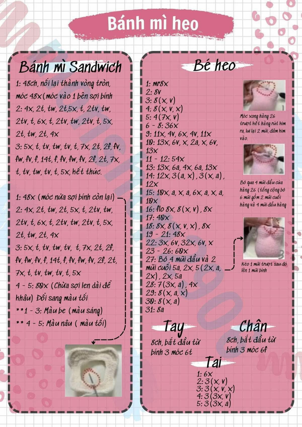 Hướng dẫn móc len Búp bê Heo trong Bánh mì Sandwich