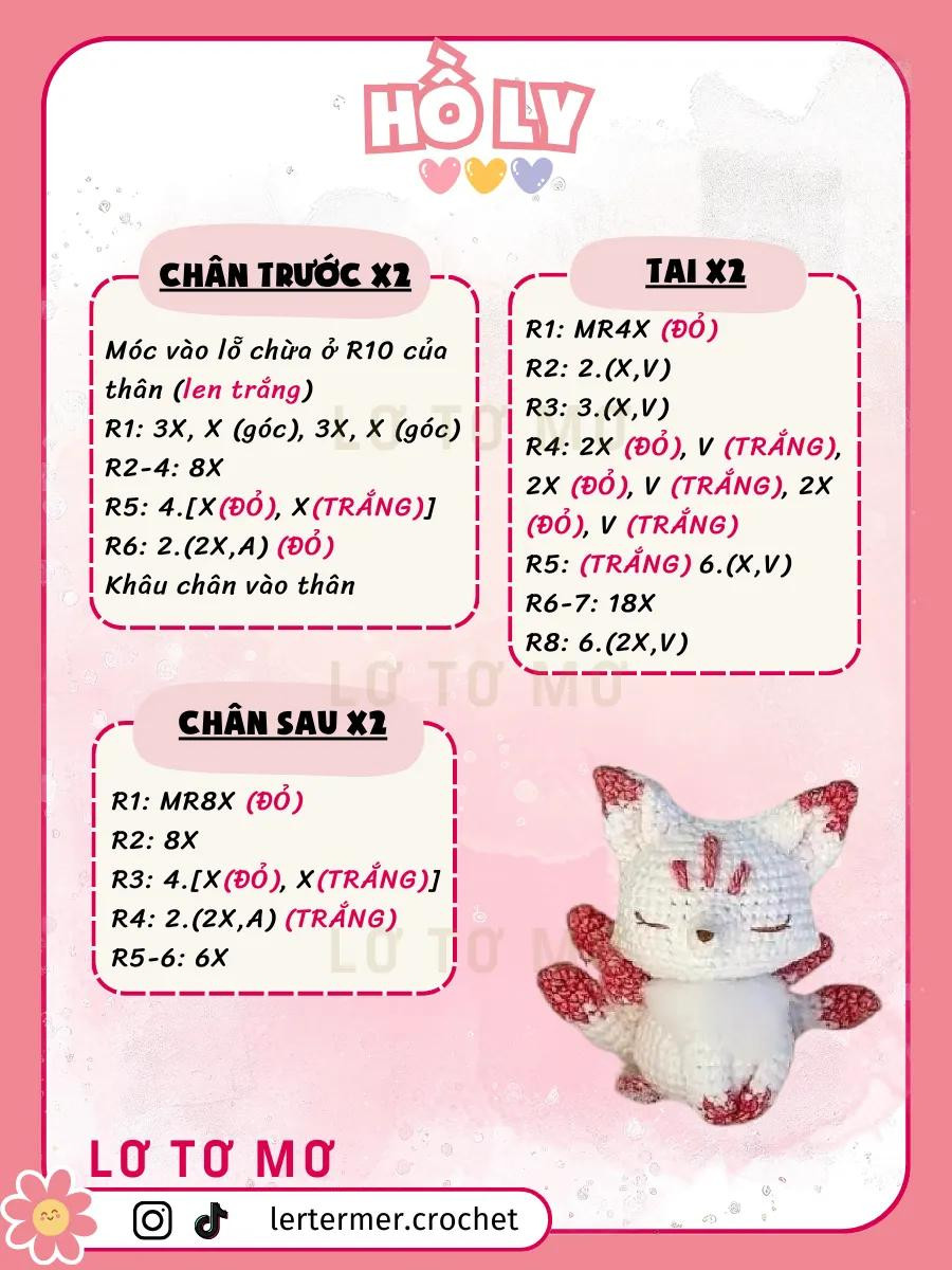 Hướng dẫn móc len búp bê Hổ Ly màu trắng đỏ dễ thương