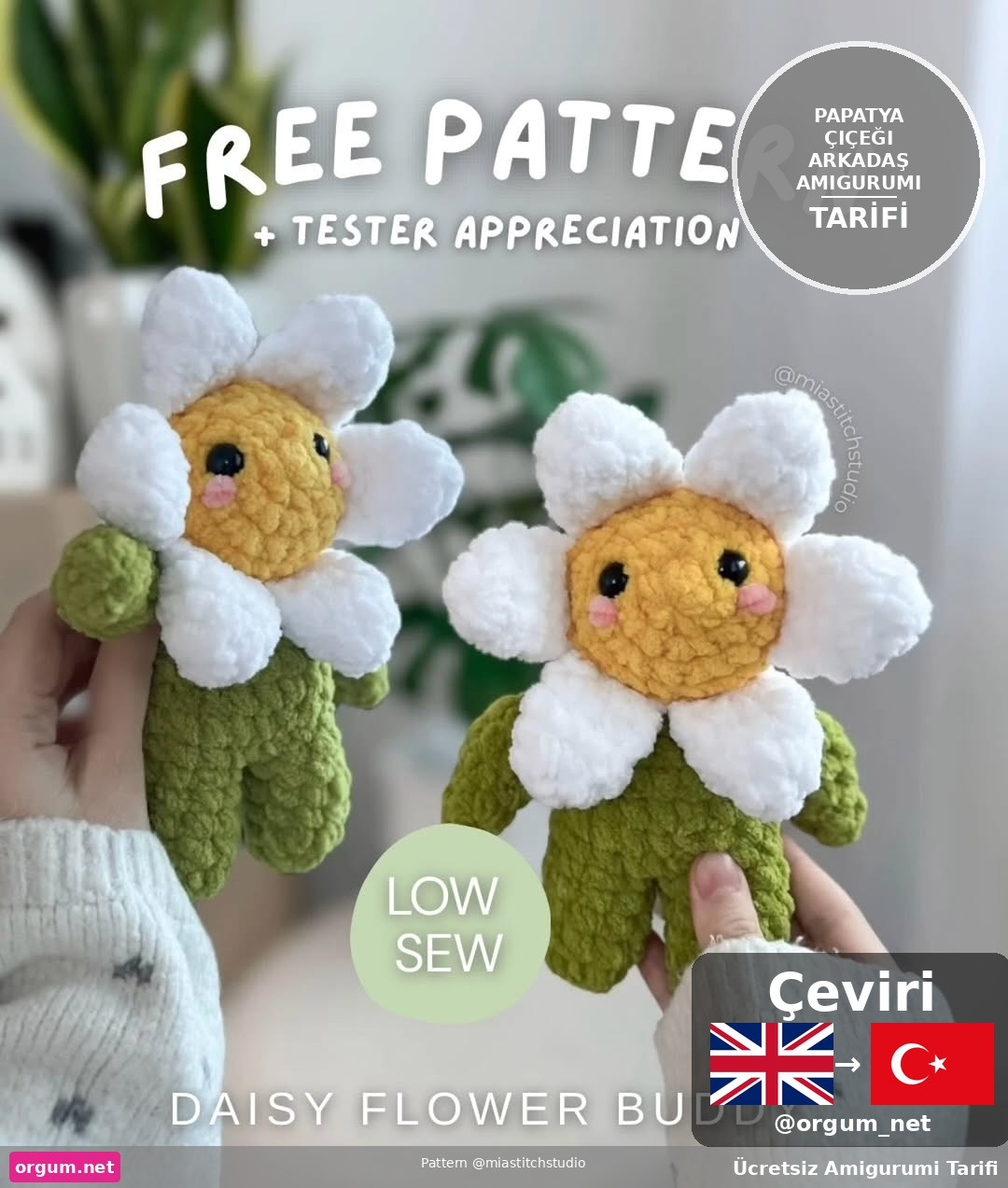 Hướng dẫn móc len búp bê hoa cúc Papatya Çiçeği Arkadaş Amigurumi dễ thương, thân màu xanh lá và cánh trắng