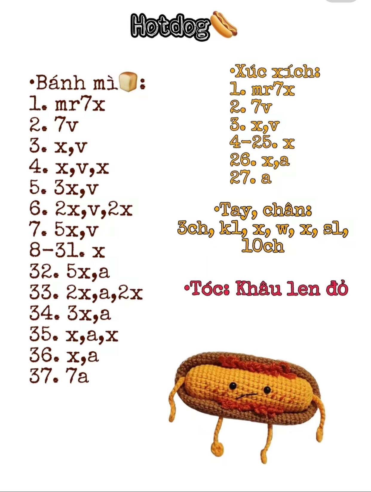 Hướng dẫn móc len búp bê Hotdog dễ thương, bảng chart chi tiết từng hàng
