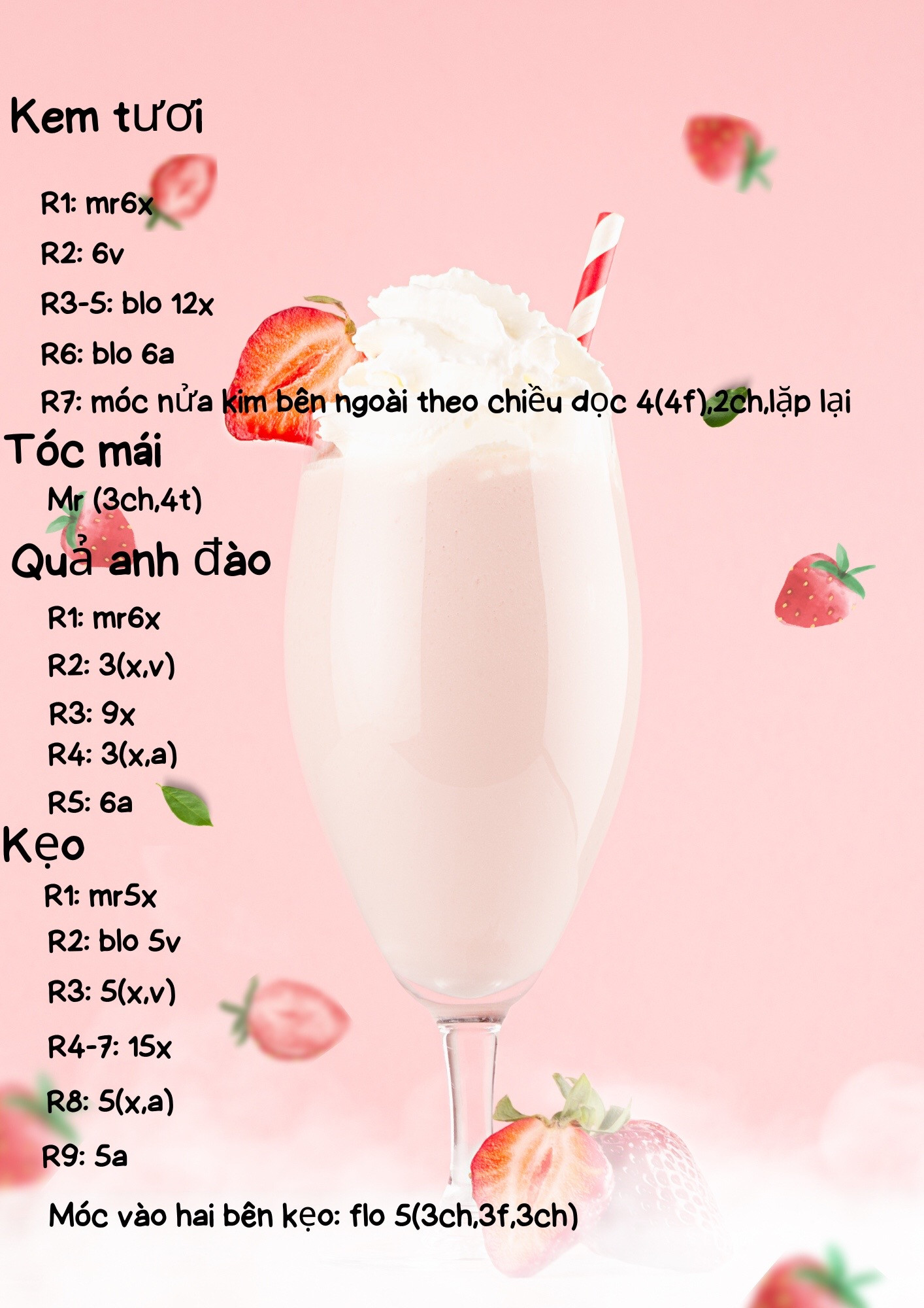 Hướng dẫn móc len búp bê kem tươi, tóc mái và quả anh đào dễ thương