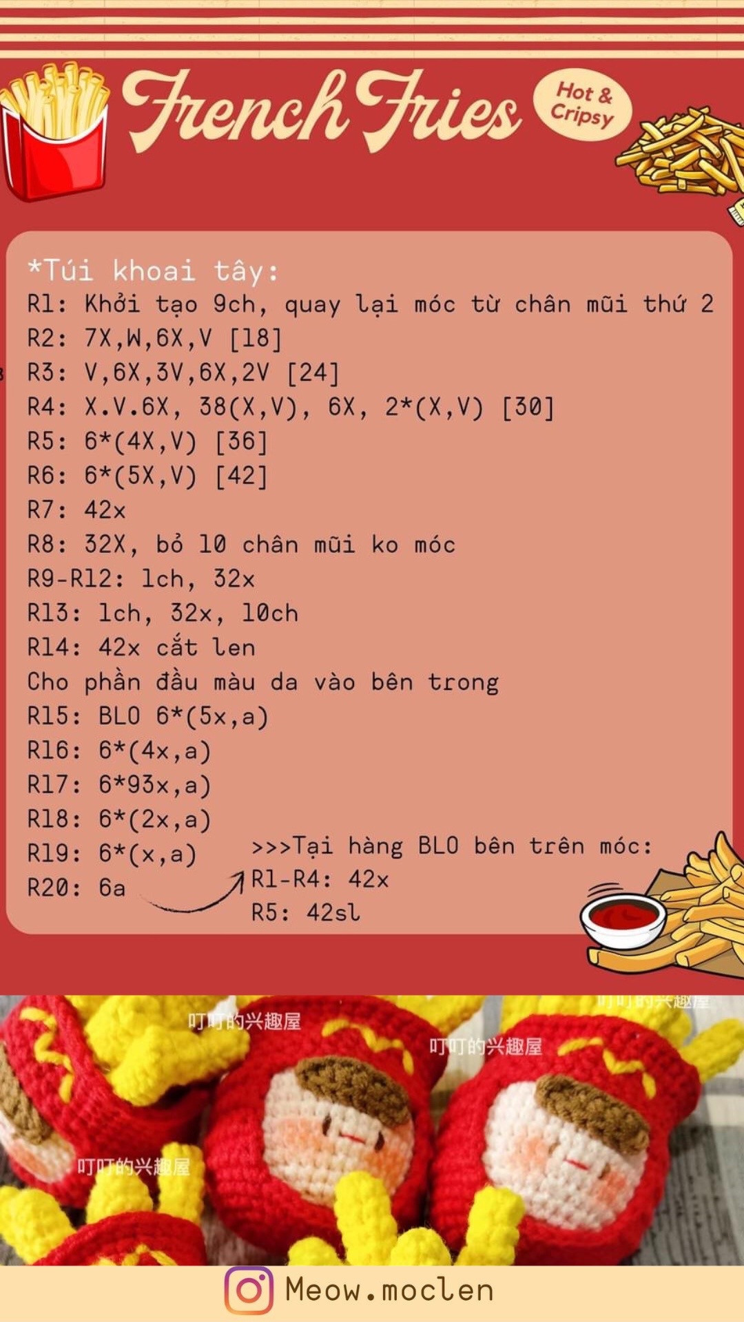 Hướng dẫn móc len búp bê khoai tây chiên McDonald's dễ thương