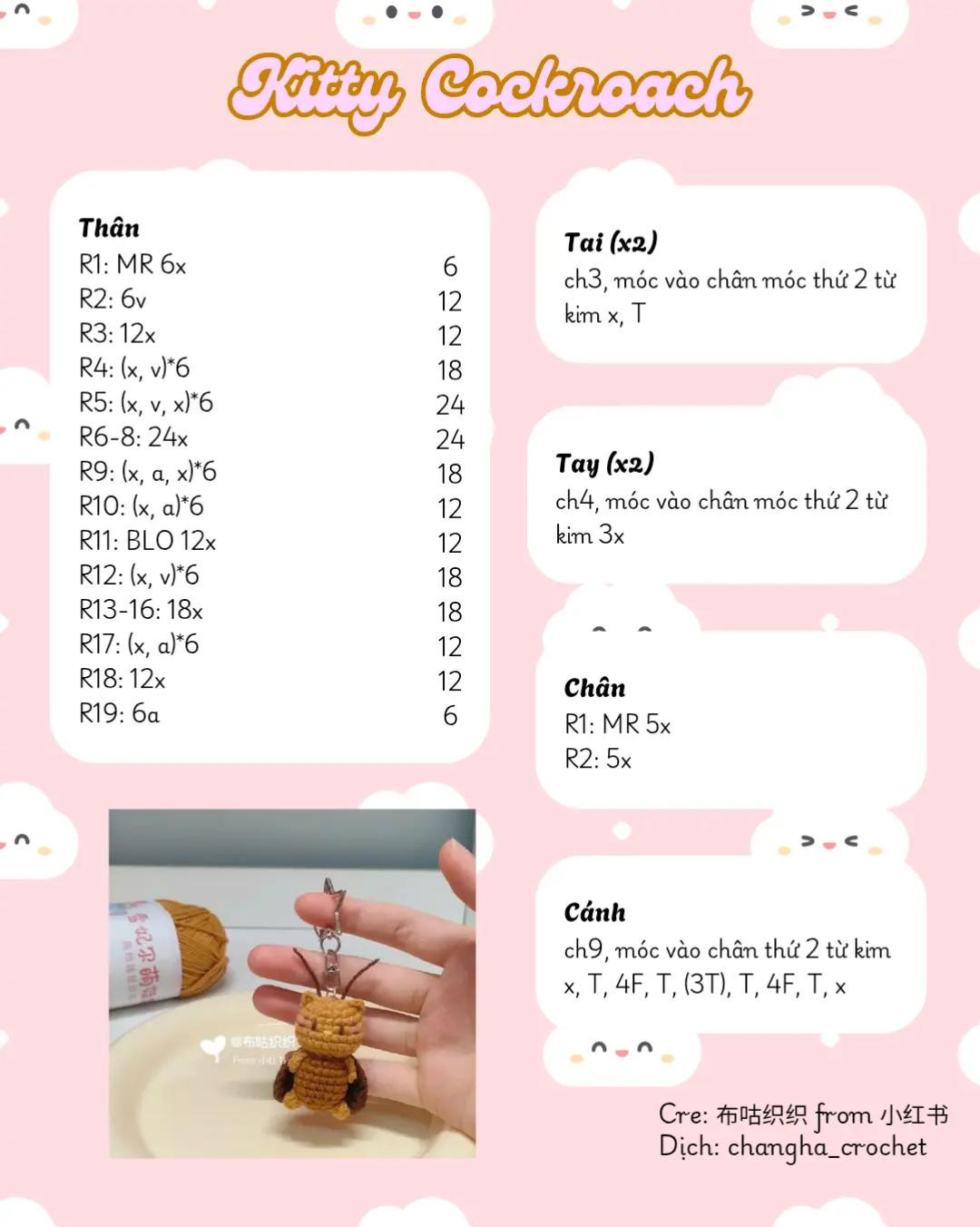 Hướng dẫn móc len búp bê Kitty Cockroach màu nâu vàng