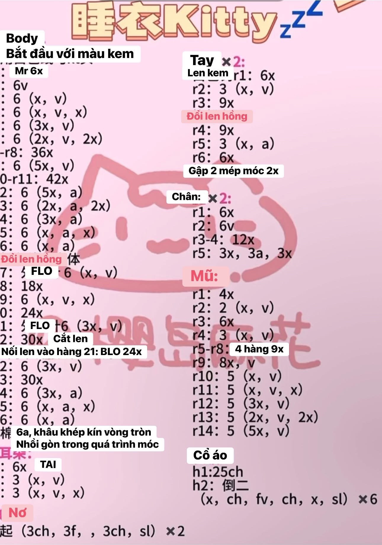 Hướng dẫn móc len búp bê Kitty mặc đồ ngủ màu hồng