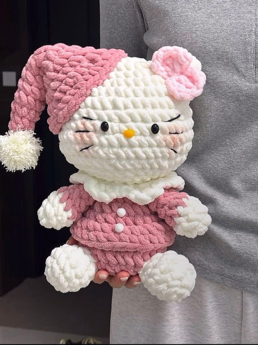 Hướng dẫn móc len búp bê Kitty mặc đồ ngủ màu hồng