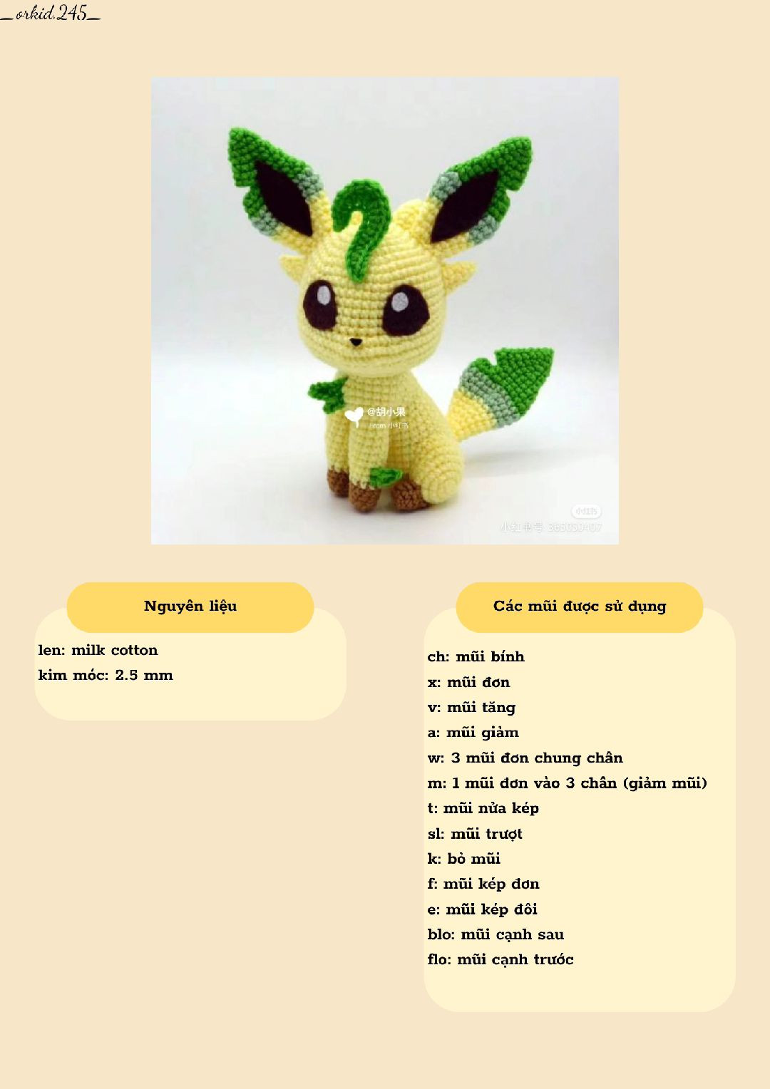 Hướng dẫn móc len búp bê Leafeon màu vàng xanh chi tiết từng bước