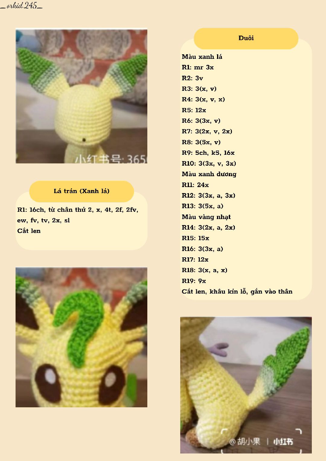 Hướng dẫn móc len búp bê Leafeon màu vàng xanh chi tiết từng bước