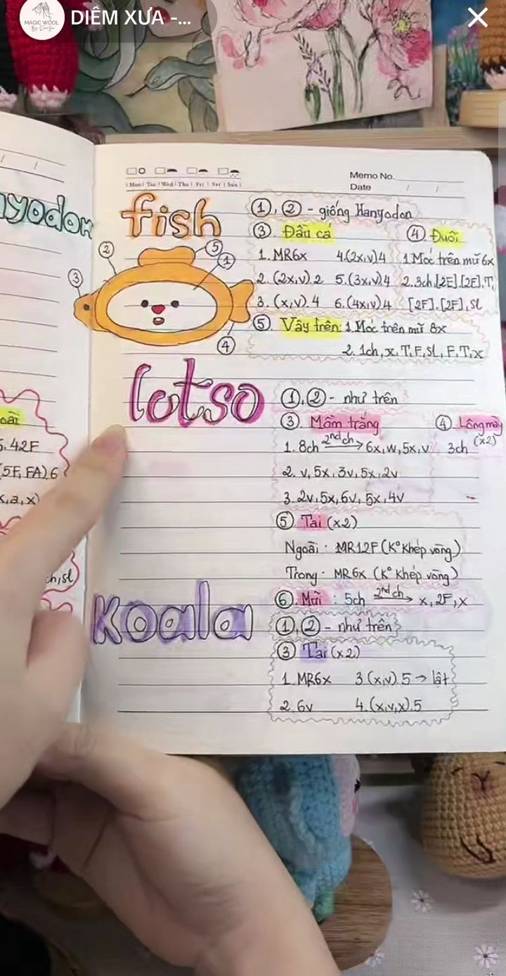 Hướng dẫn móc len búp bê Loopy, cá, chuột túi và Capybara