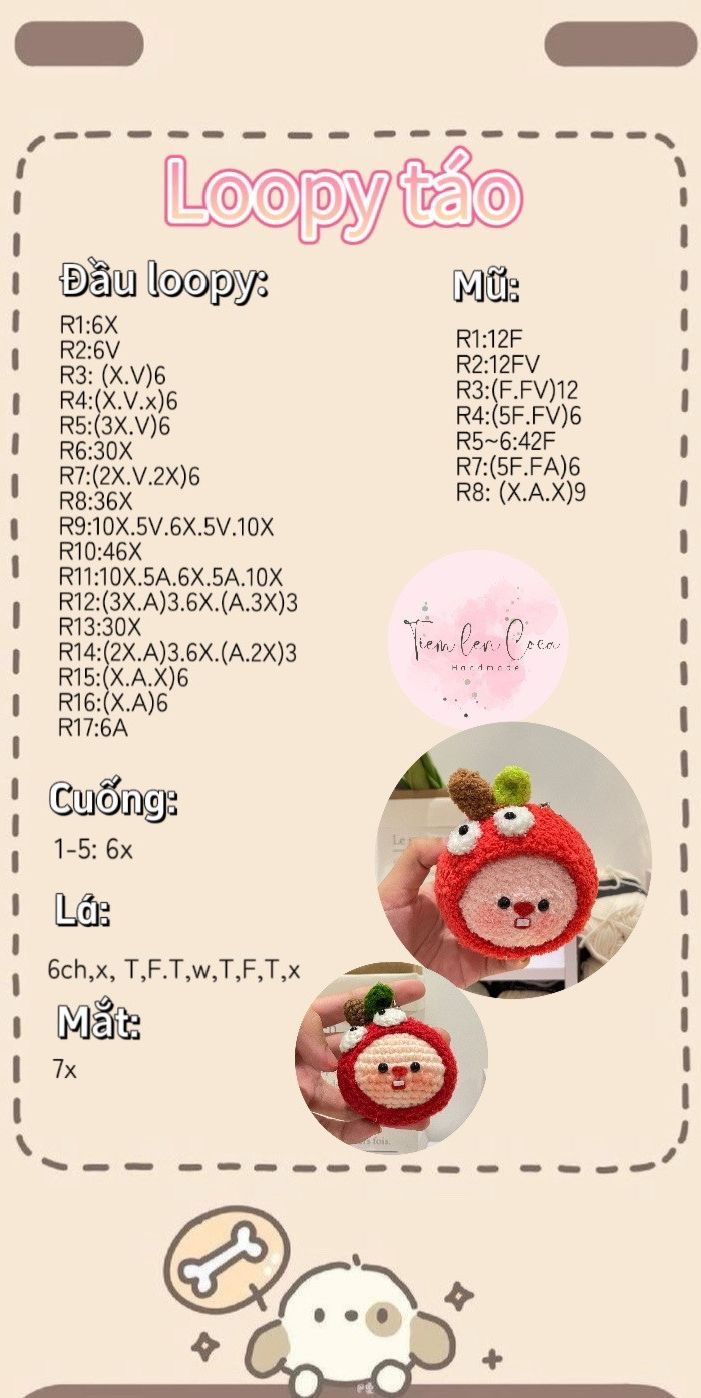 Hướng dẫn móc len búp bê Loopy phiên bản yêu tinh, táo, thỏ, gấu và Pochacco