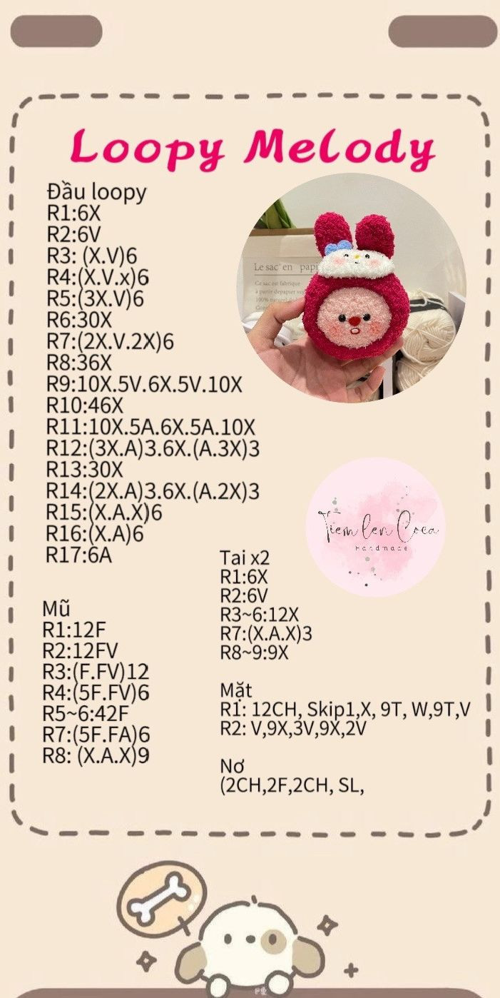 Hướng dẫn móc len búp bê Loopy phiên bản yêu tinh, táo, thỏ, gấu và Pochacco