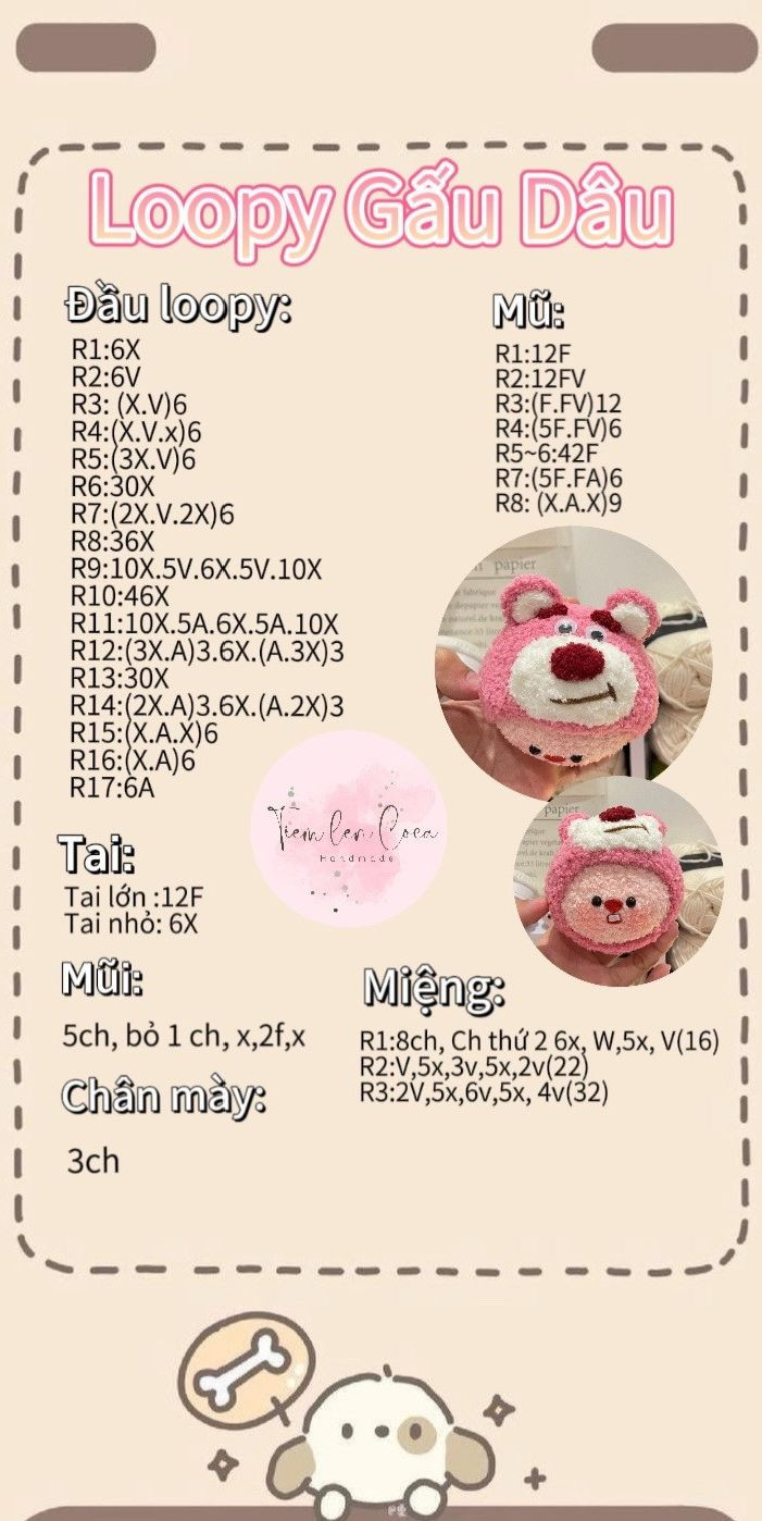 Hướng dẫn móc len búp bê Loopy phiên bản yêu tinh, táo, thỏ, gấu và Pochacco