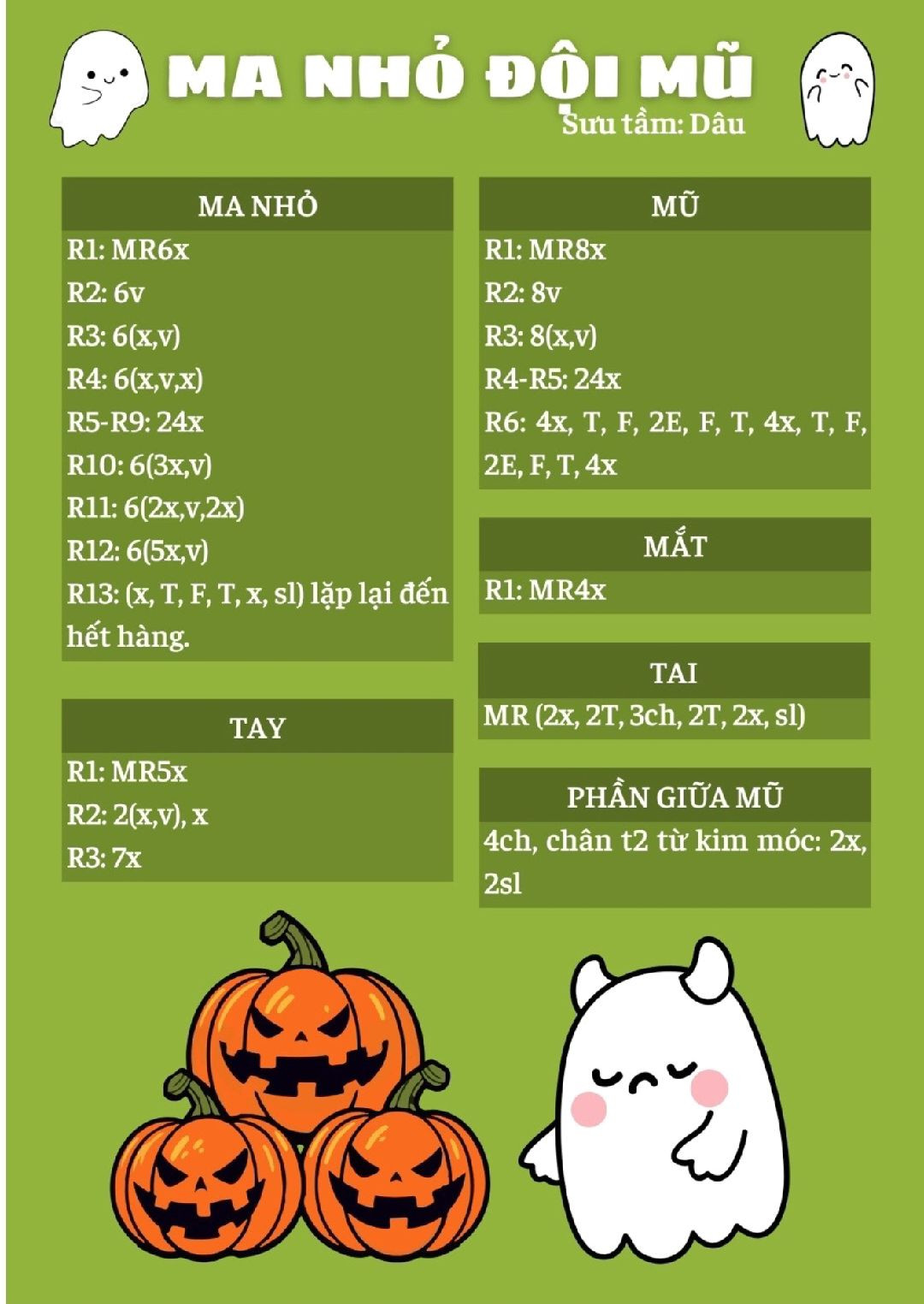 Hướng dẫn móc len búp bê Ma Nhỏ đội mũ Halloween dễ thương