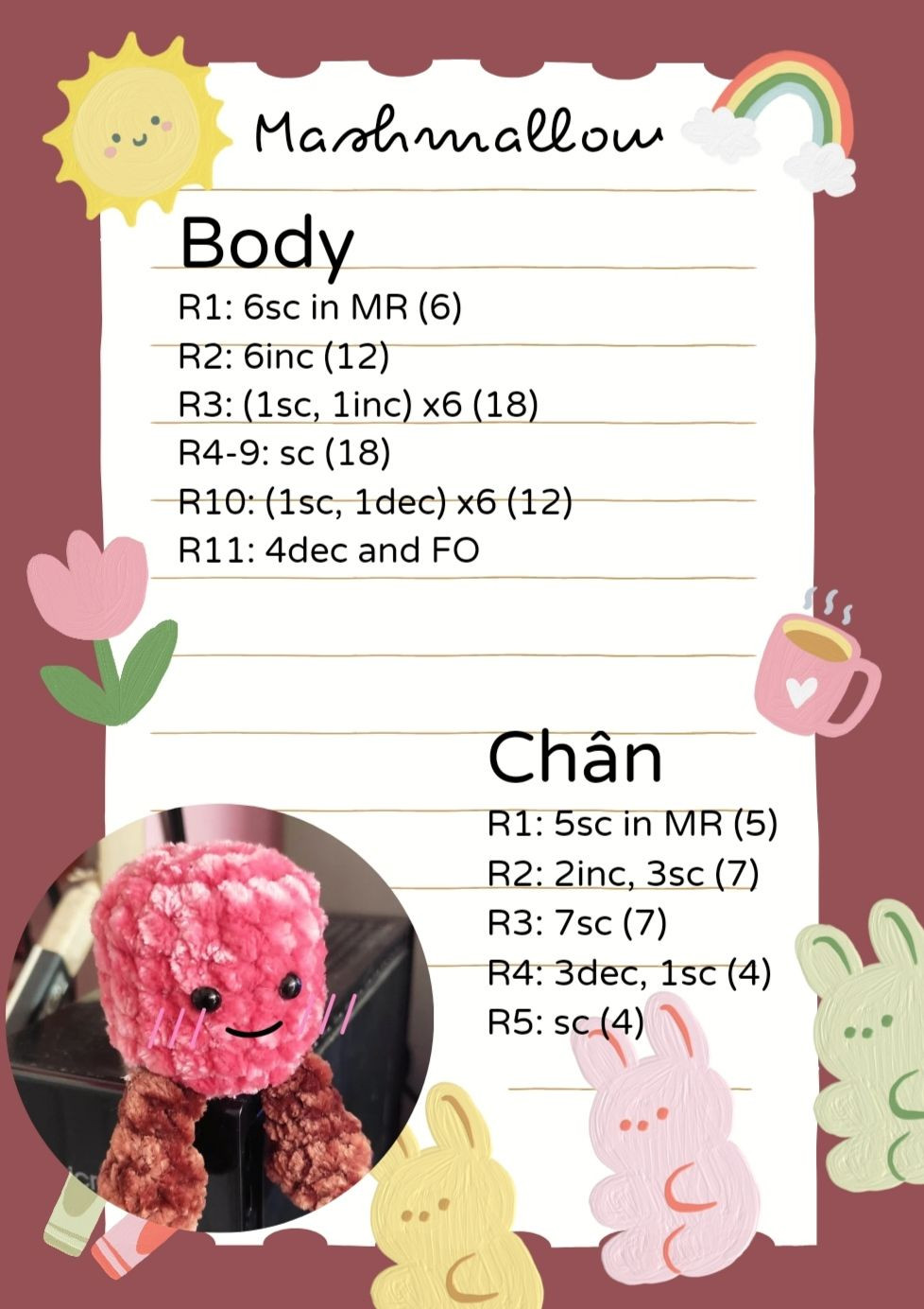 Hướng dẫn móc len búp bê Marshmallow màu hồng dễ thương