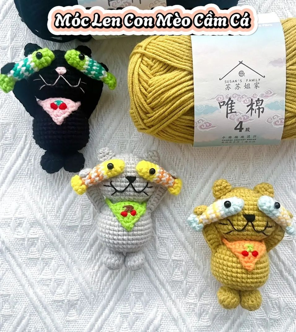 Hướng dẫn móc len búp bê mèo cầm cá màu sắc dễ thương