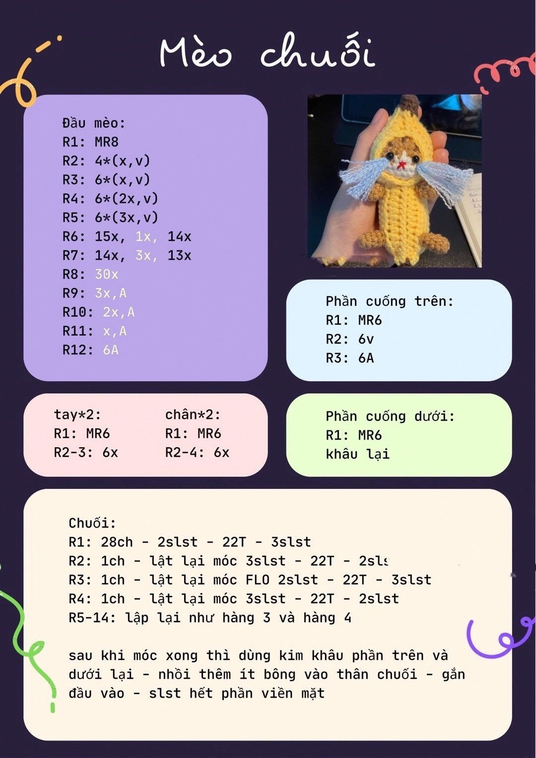 Hướng dẫn móc len búp bê Mèo Chuối dễ thương